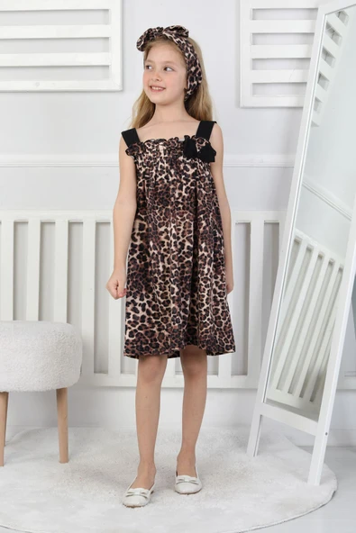 Kız Çocuk Leopar Desenli Şık Fiyonklu Askılı Elbise - Resim 3