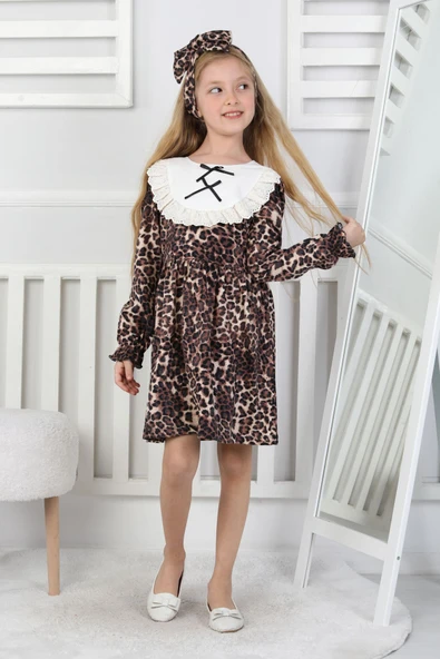 Kız Çocuk Leopar Desenli Uzun Kollu Dantelli Bebe Yakalı Elbise - Resim 4