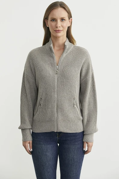 Yünlü Dik Yaka Fermuarlı Triko Hırka - Bej ürün görseli