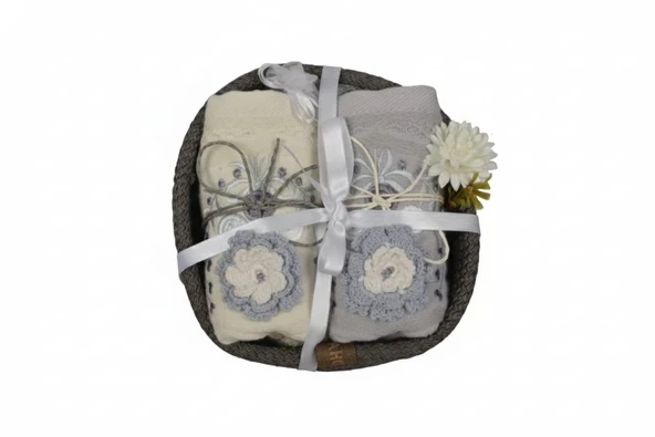 Nakışlı Örgü Sepetli 2'li Premium El ve Yüz Havlu Seti – Hediyelik – %100 Pamuk – Yumuşak Dokulu - Resim 2