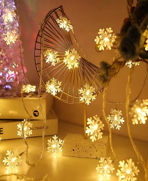 5 Metre 28 Led Yılbaşı Kar Tanesi Işık Zinciri Parti Kutlama Dekor Süsleme Led Işık Pilli Kar Tanesi - Resim 3