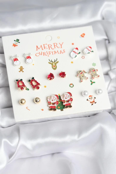 Yılbaşı Temalı Karışık Model 8 Çift Yılbaşı Temalı Kadın Küpe Seti ürün görseli 1