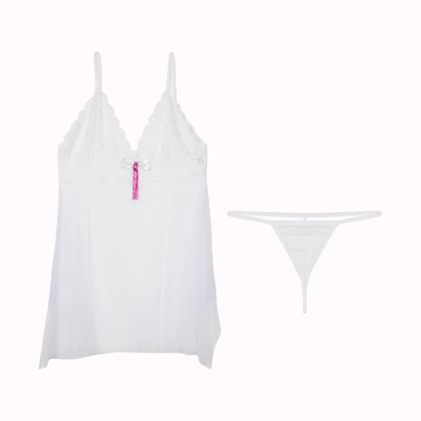 Beyaz Dantelli Tül Gecelik ve Tanga Takım ürün görseli