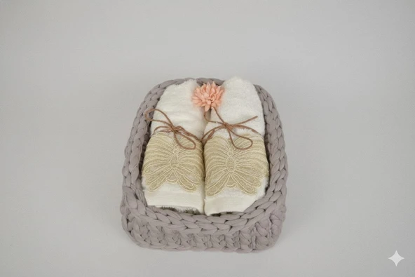 Nakışlı Örgü Sepetli 2'li Premium El ve Yüz Havlu Seti – Hediyelik – %100 Pamuk – Yumuşak Dokulu - Resim 3