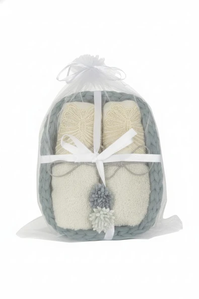 Nakışlı Örgü Sepetli 2'li Premium El ve Yüz Havlu Seti – Hediyelik – %100 Pamuk – Yumuşak Dokulu - Resim 5