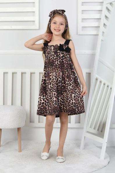 Kız Çocuk Leopar Desenli Şık Fiyonklu Askılı Elbise - Resim 4