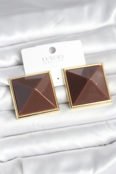 Pirinç Gold Renk Kahverengi Piramit Model Kadın Küpe ürün görseli 1