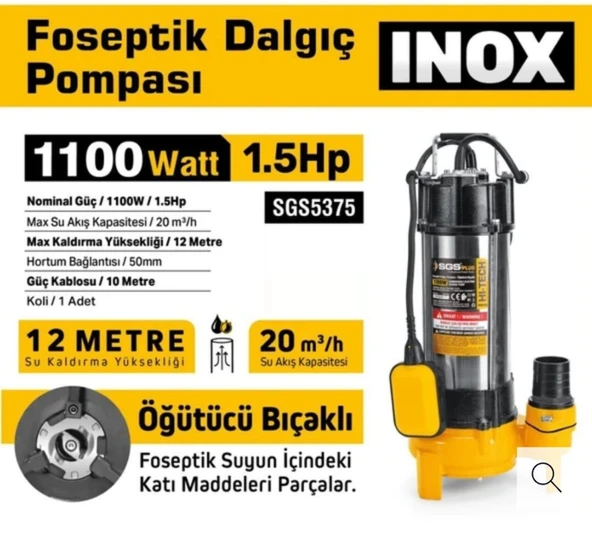 SGS5375 - 12 Metre 1.5 HP İnox Foseptik Dalgıç Pompa Parçalayıcı Öğütücü Bıçaklı 1100 Watt - Resim 2