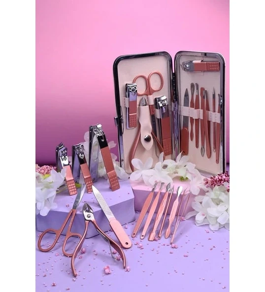 Profesyonel Çantalı Tırnak Bakım Manikür Seti Pembe Renk 12 Parça - Resim 2