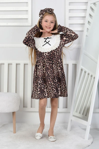 Kız Çocuk Leopar Desenli Uzun Kollu Dantelli Bebe Yakalı Elbise - Resim 5
