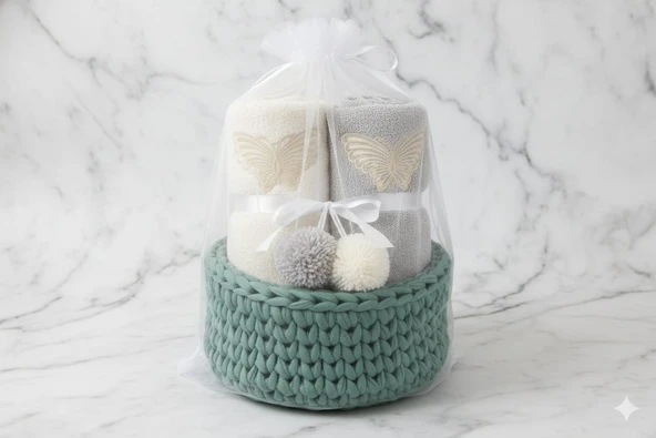 Nakışlı Örgü Sepetli 2'li Premium El ve Yüz Havlu Seti – Hediyelik – %100 Pamuk – Yumuşak Dokulu ürün görseli