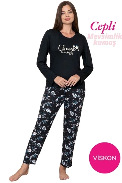 Kadın Bisiklet Yaka Düğmesiz Dökümlü Viskon Mevsimlik Uzun Kol Cepli Pijama Takımı - Resim 9