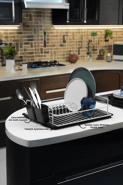 Tek Katlı Beyaz Bulaşıklık – Dayanıklı Paslanmaz Termoplastik Kaplama Bulaşık Sepeti, Tepsili, Tabak ve Kaşık Kurutmalık - TB-01 E - Resim 2