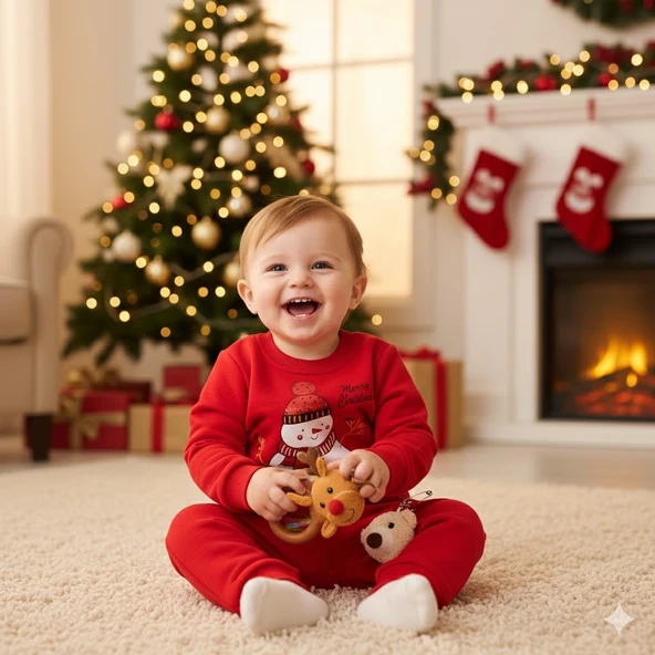 BEBEK YILBAŞI NOEL TEMALI KARDAN ADAM BASKILI EŞOFMAN TAKIMI ürün görseli 1