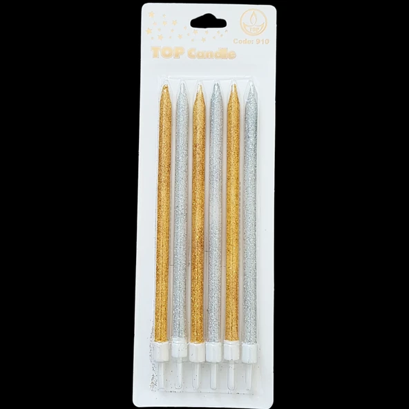 Altın Gümüş Simli İnce Uzun Pasta Mum 16 cm * 6 Adet ürün görseli 1