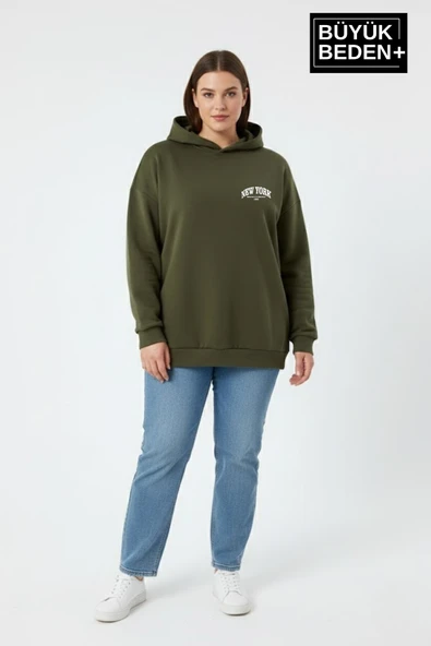 Kadın Büyük Beden New York Baskılı Kapüşonlu Sweatshirt SPR26BSWK962 - Resim 9