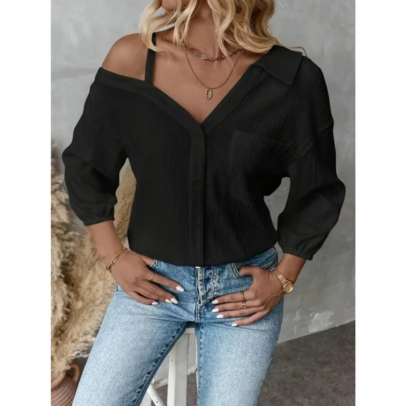 Lucky Life Kadın Tek Omuzdan Açık Askılı Uzun Kollu Yakalı önden Düğmeli Gömlek ürün görseli