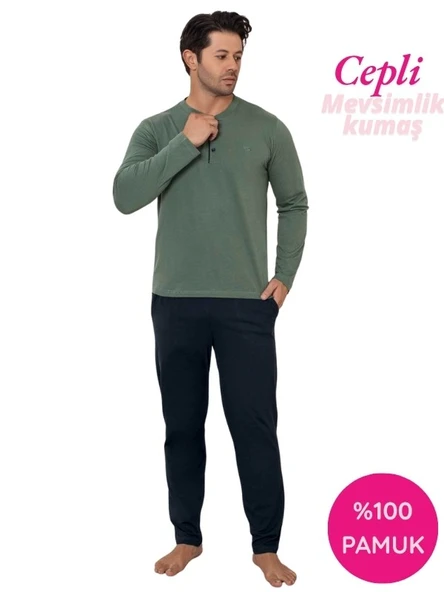 Erkek 3 Düğmeli %100 Pamuk Mevsimlik Uzun Kol Cepli Pijama Takımı ürün görseli 1