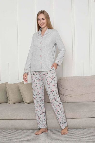 Kadın Bej Kalpli Mevsimlik Boydan Önden Düğmeli Gömlek Yaka Likralı Viskon Uzun Kol Cepli Pijama Takımı - Resim 8