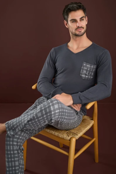 Erkek V Yaka Düğmesiz Göğüs Cepli Yumuşak Termal Bilek Manşetli Kışlık Uzun Kol Cepli Pijama Takımı - Resim 10