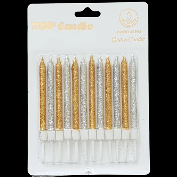 Altın Gümüş Karışık Simli İnce Uzun Pasta Mum 8 cm * 12 Adet ürün görseli 1