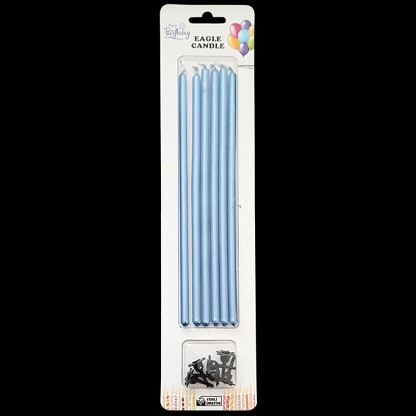 Mavi Metalik İnce Uzun Pasta Mum 20 cm * 6 Adet ürün görseli 1