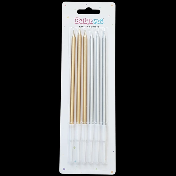 Altın Gümüş Karışık İnce Uzun Pasta Mum 14 cm * 6 Adet ürün görseli 1