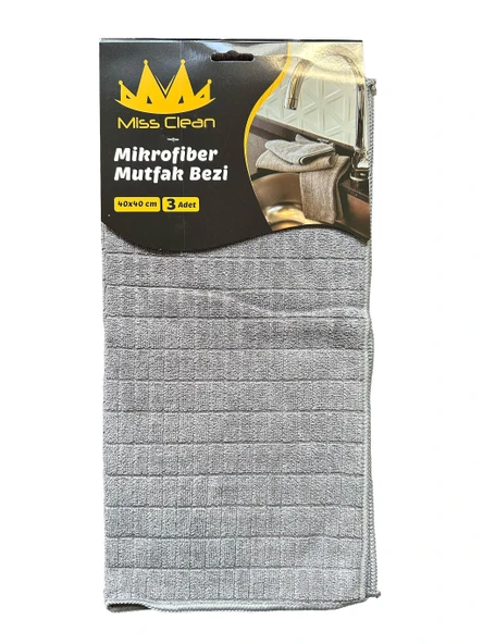 Miss Clean Mikrofiber Kareli Yüzey Cam Temizlik Bezi 40x40 Cm Süper Emici - Gri - 3'lü ürün görseli 1