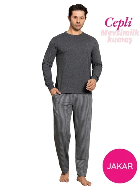 Erkek Düğmesiz Çizgili Jakar Kumaş Mevsimlik Kol Manşetli Uzun Kol Cepli Pijama Takımı ürün görseli 1