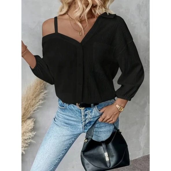 Lucky Life Kadın Tek Omuzdan Açık Askılı Uzun Kollu Yakalı önden Düğmeli Gömlek - Resim 2