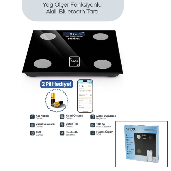 SİYAH YAĞ ÖLÇER AKILLI BLUETOOTH CAM BASKÜL PİLLİ 180KG/50GR 26X26CM 8-KİŞİ HAFIZA LCD EKRAN ℃ GÖSTERGE SBS-4470 (2818) ürün görseli 1