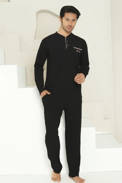 Erkek Siyah Bisiklet Yaka 3 Düğmeli Göğüs Cepli Pamuk Likra Mevsimlik Uzun Kol Cepli Pijama Takımı - Resim 6