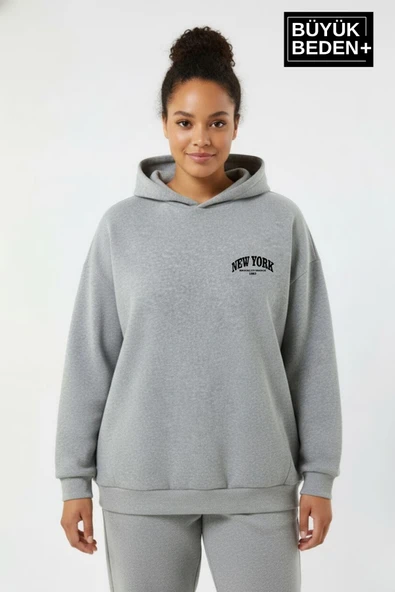 Kadın Büyük Beden New York Baskılı Kapüşonlu Sweatshirt SPR26BSWK962 - Resim 4