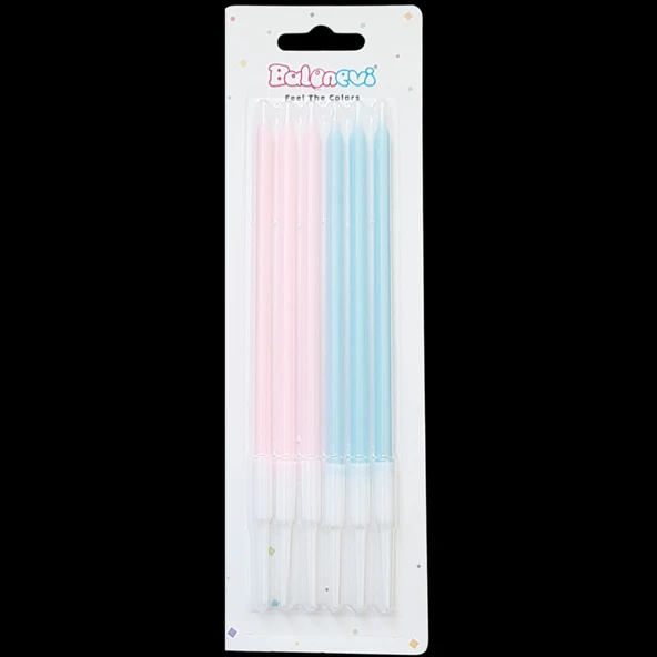 Makaron Pembe Mavi İnce Uzun Pasta Mum 14 cm * 6 Adet ürün görseli 1