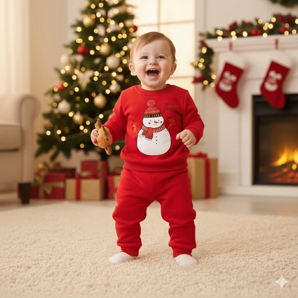 BEBEK YILBAŞI NOEL TEMALI KARDAN ADAM BASKILI EŞOFMAN TAKIMI - Resim 2