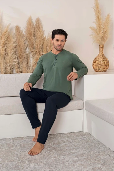 Erkek 3 Düğmeli %100 Pamuk Mevsimlik Uzun Kol Cepli Pijama Takımı - Resim 6