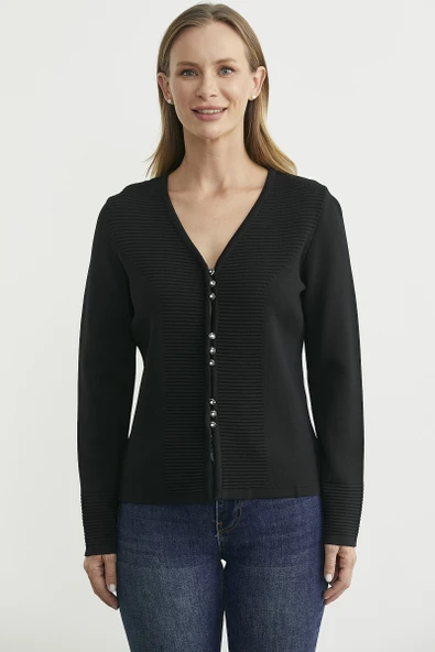 Düğme Kapamalı V Yaka Triko Hırka - Siyah - Resim 2
