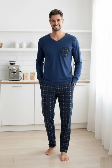 Erkek V Yaka Düğmesiz Göğüs Cepli Yumuşak Termal Bilek Manşetli Kışlık Uzun Kol Cepli Pijama Takımı - Resim 7