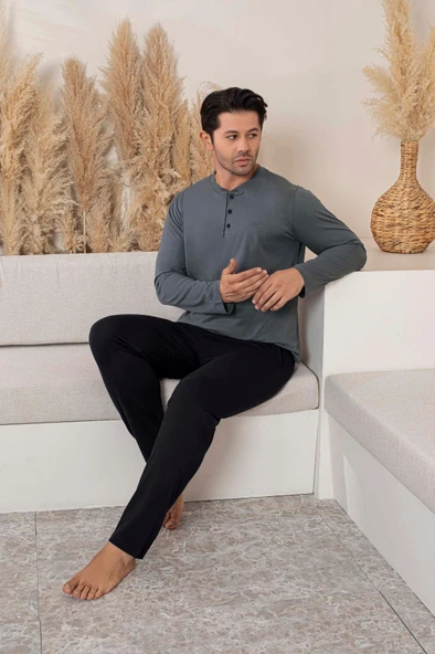 Erkek 3 Düğmeli %100 Pamuk Mevsimlik Uzun Kol Cepli Pijama Takımı - Resim 10