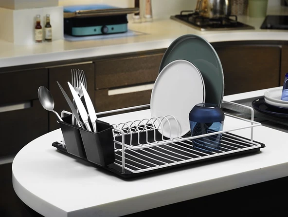 Tek Katlı Beyaz Bulaşıklık – Dayanıklı Paslanmaz Termoplastik Kaplama Bulaşık Sepeti, Tepsili, Tabak ve Kaşık Kurutmalık - TB-01 E - Resim 5