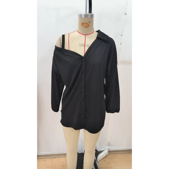 Lucky Life Kadın Tek Omuzdan Açık Askılı Uzun Kollu Yakalı önden Düğmeli Gömlek - Resim 6