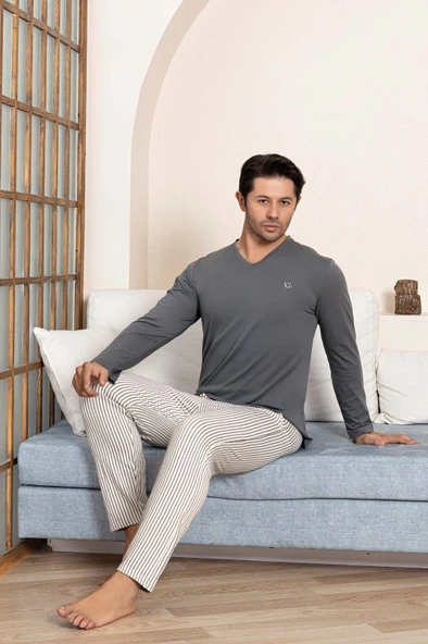 Erkek Düğmesiz Çizgili Jakar Kumaş Mevsimlik Kol Manşetli Uzun Kol Cepli Pijama Takımı - Resim 5