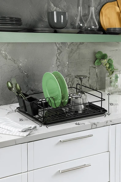 Tek Katlı Siyah Bulaşıklık – Dayanıklı Paslanmaz Termoplastik Kaplama Bulaşık Sepeti, Tepsili, Tabak ve Kaşık Kurutmalık - (TB-01 E) - Resim 3