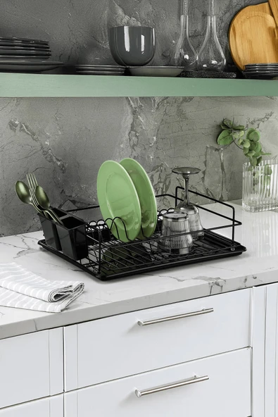 Tek Katlı Siyah Bulaşıklık – Dayanıklı Paslanmaz Termoplastik Kaplama Bulaşık Sepeti, Tepsili, Tabak ve Kaşık Kurutmalık - (TB-01 E) ürün görseli