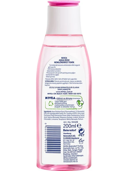 Nivea Aqua Rose Organik Gül Suyu İçeren Nemlendirici Tonik (200ml) Tüm cilt tipleri için 24 Saat Yüz Nemlendirici - Resim 2