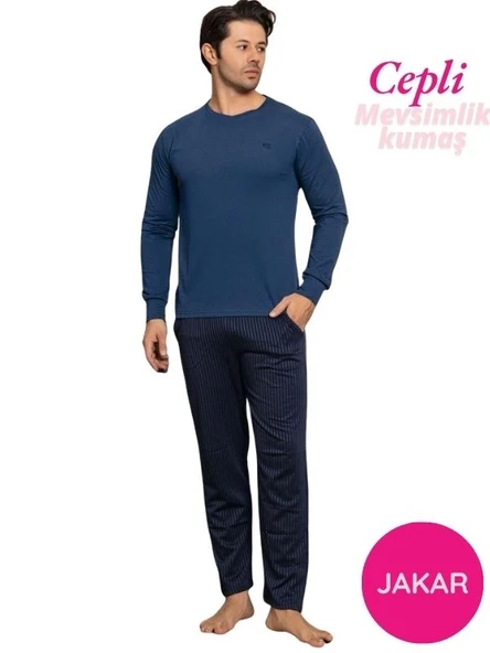 Erkek Düğmesiz Çizgili Jakar Kumaş Mevsimlik Kol Manşetli Uzun Kol Cepli Pijama Takımı - Resim 9