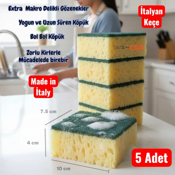 Technow Çift Taraflı  Çizmez  İtalyan Keçeli Kaliteli Buble Mercan Bulaşık Sünger 5 Adet ürün görseli 1