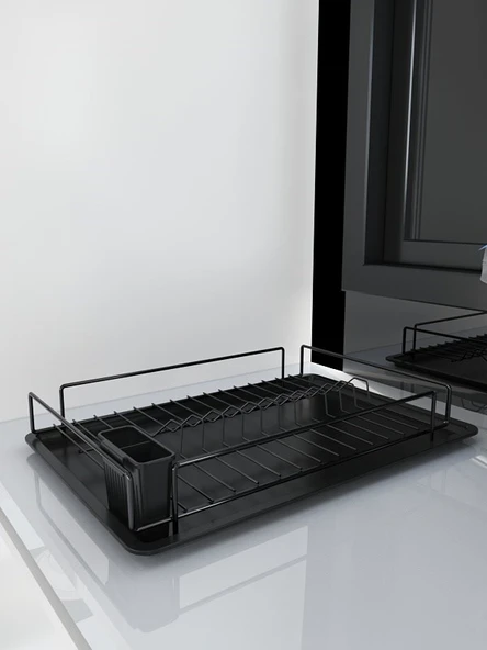 Premium Siyah Tek Katlı Bulaşıklık, Dayanıklı Paslanmaz Termoplastik Kaplama Tepsili, Kaşıklıklı - Resim 3