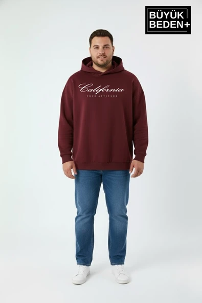 Erkek Büyük Beden Kapşonlu El Yazılı California Baskılı İnce Swatshırt SPR25BSW959 - Resim 4