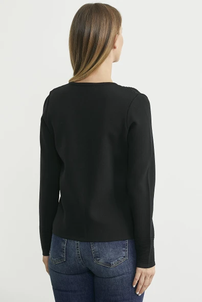 Düğme Kapamalı V Yaka Triko Hırka - Siyah - Resim 5